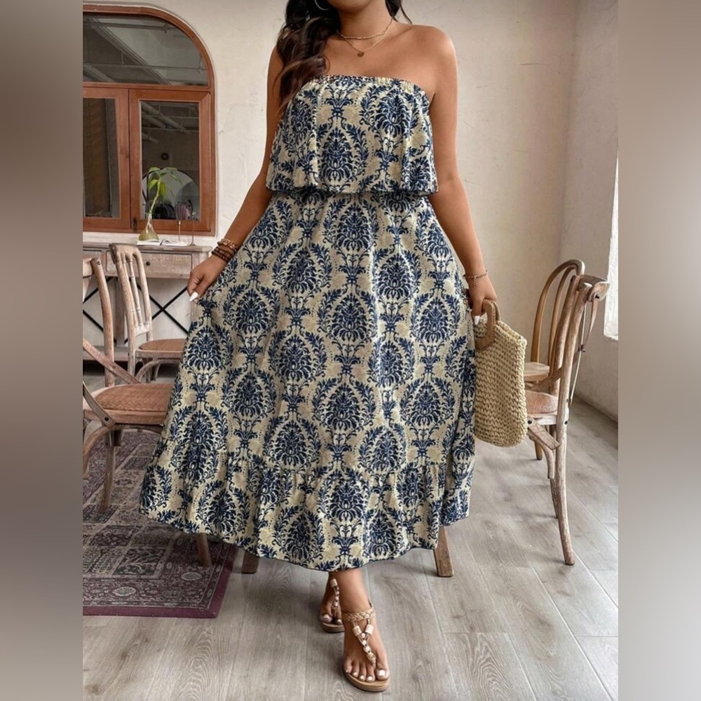 Strapless Blue and Cream Floral Dress